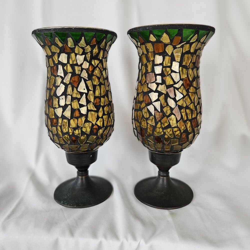 Two Mosaic Hurricane Candle Holder Stained Glass Tiles Bronze Pier 1